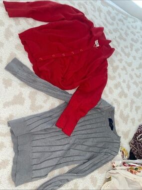 Red Button-Front Cardigan and Green/Gray Ribbed Pullover